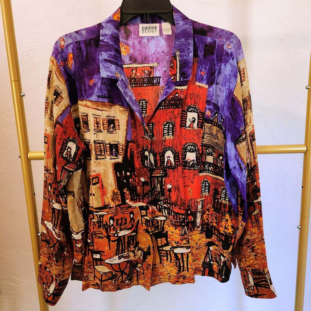 Chico's Design Vintage Silk Art Scene Cityscape Button Down Shirt Size 2